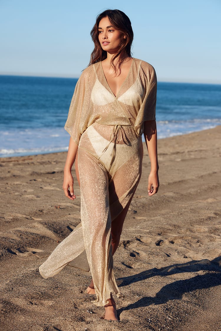 Midas Sheer Gold Flare Jumpsuit Cover-Up