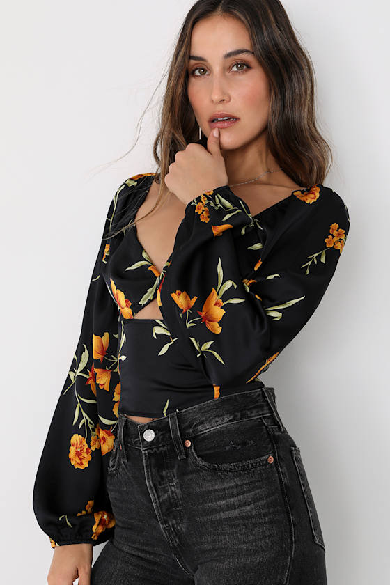 Beau Balloon Sleeve Drawstring Top Floral Print White/Blue
