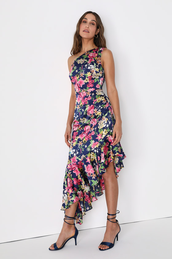 Lulus Divinely Blooming Blue Multi Floral One-shoulder Midi Dress