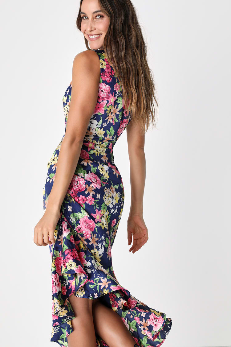 Divinely Blooming Blue Multi Floral One-Shoulder Midi Dress