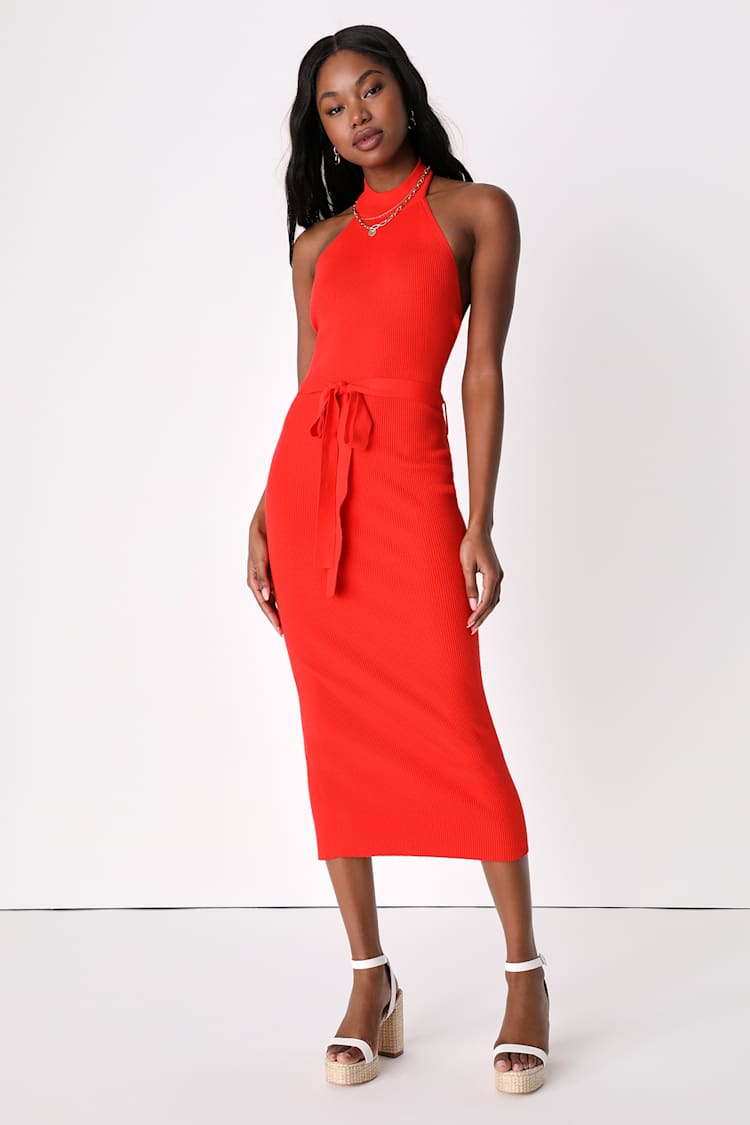 Flirty Sunshine Red Ribbed Halter Midi Sweater Dress