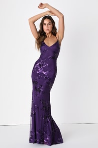 Valhalla Purple Sequin Lace-Up Maxi Dress