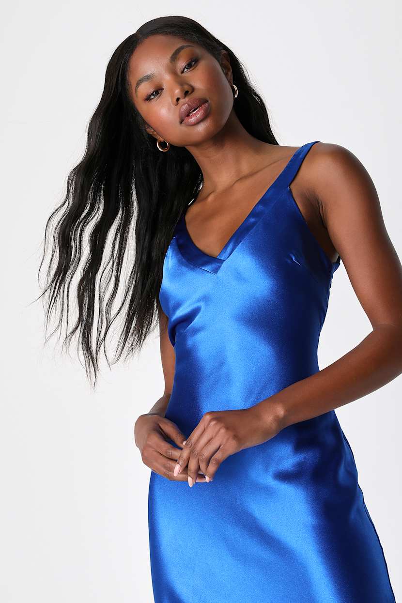 Perfectly Classy Royal Blue Satin Strappy Maxi Dress