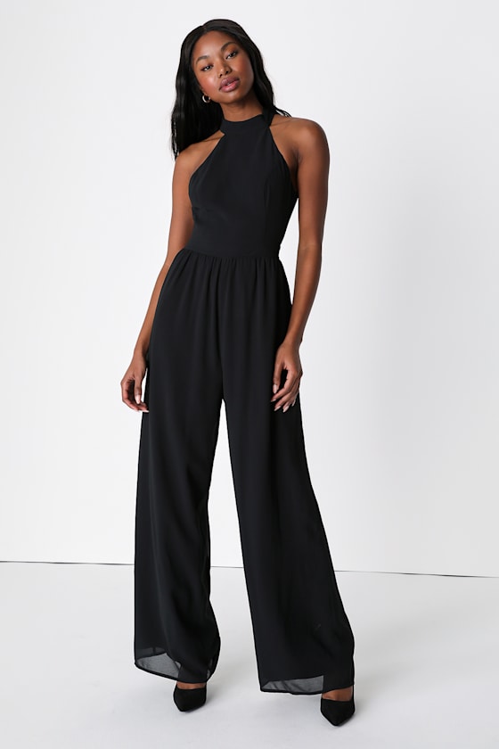 Perfectly Elegant Black Halter Backless Wide-Leg Jumpsuit 2