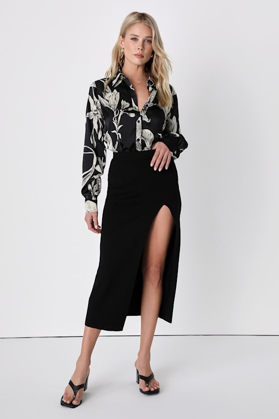 Black Ribbed Knit Midi Skirt main image 1