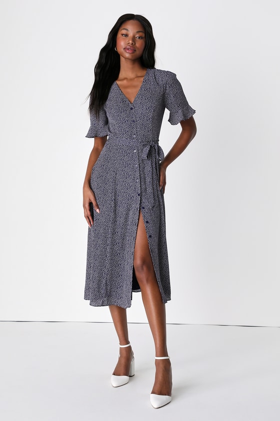 Lulus Flirty Frolic Navy Blue Print Button-up Midi Dress With Pockets