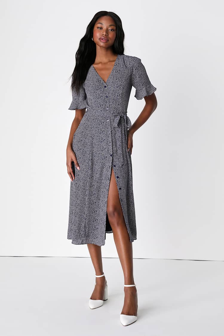 Flirty Frolic Navy Blue Print Button-Up Midi Dress with Pockets