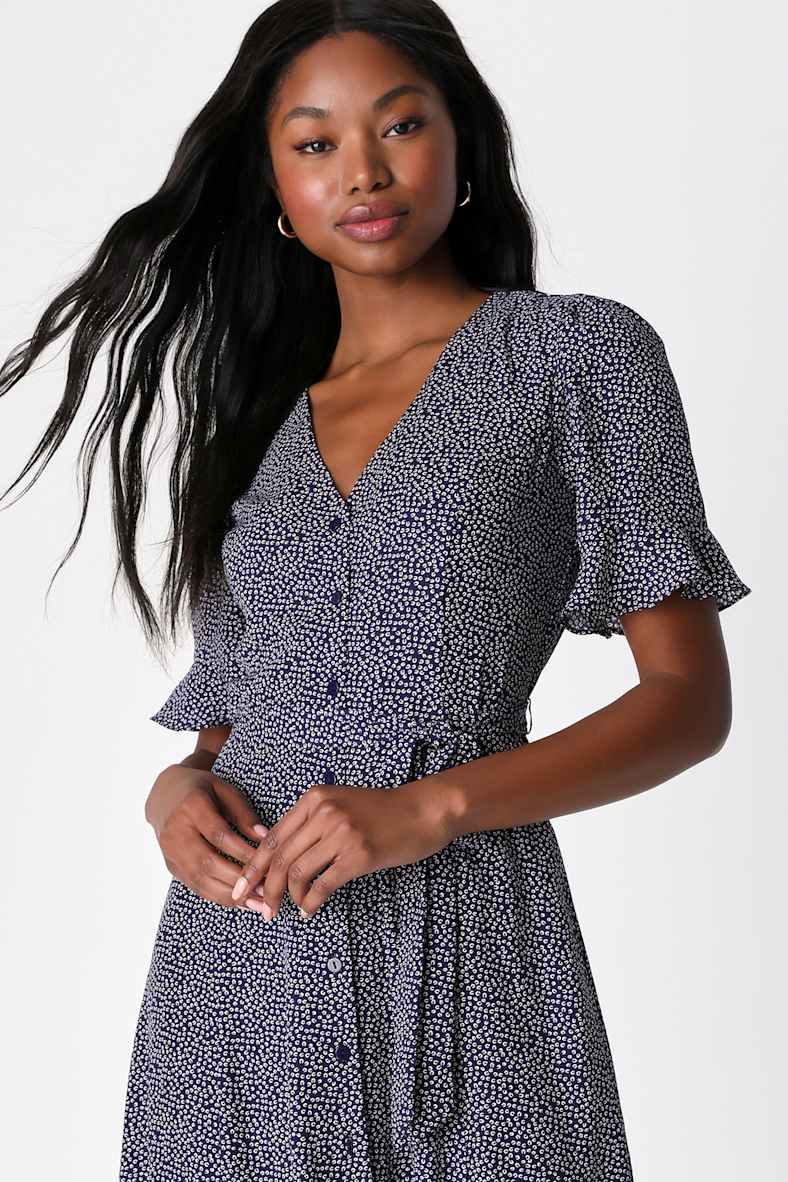 Flirty Frolic Navy Blue Print Button-Up Midi Dress with Pockets