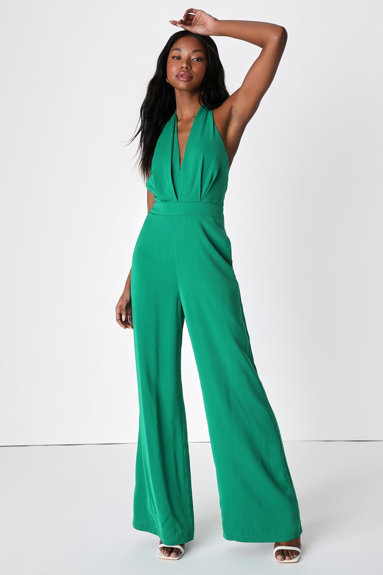 Signature Chic Green Halter Wide-Leg Jumpsuit