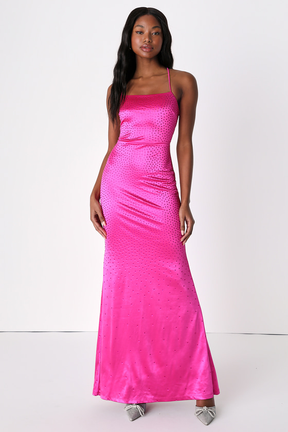 Hot Pink Rhinestone Dress - Satin Maxi Dress - Lace-Up Dress - Lulus