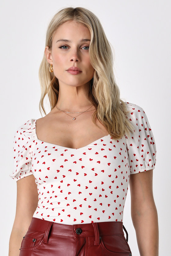 Heart Print Bodysuit - Ivory Bodysuit - Puff Sleeve Bodysuit - Lulus