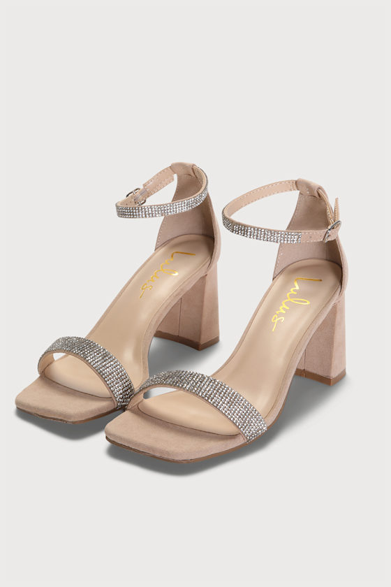 Vanay Light Nude Suede Rhinestone Ankle Strap Heels 1