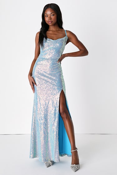 Iridescent Sequin Dress - Blue Sequin Dress - Cowl Neck Dress - Lulus