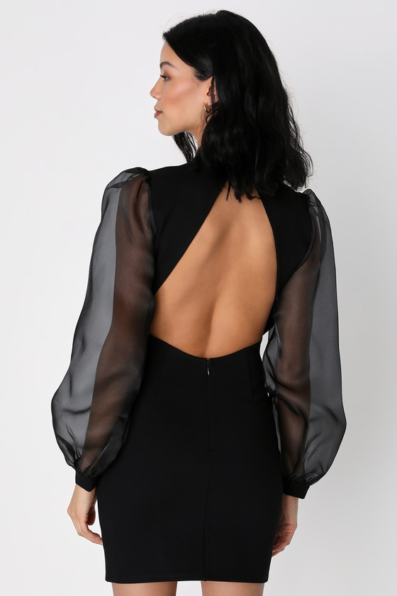 Black Cocktail Dress - Organza Sleeve Dress - Cutout Mini Dress - Lulus