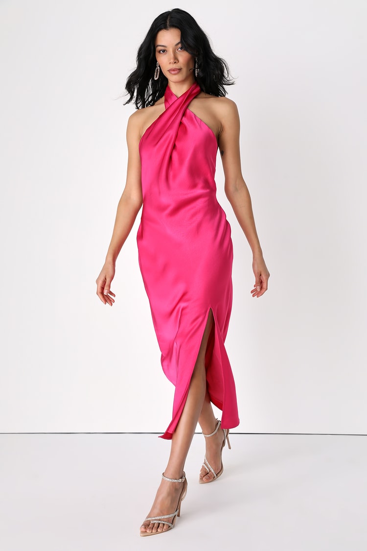Irresistible Presence Hot Pink Halter Ruched Bodycon Midi Dress