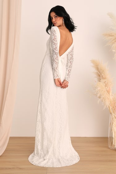 Enchanted Elegance White Lace Backless Mermaid Maxi Dress