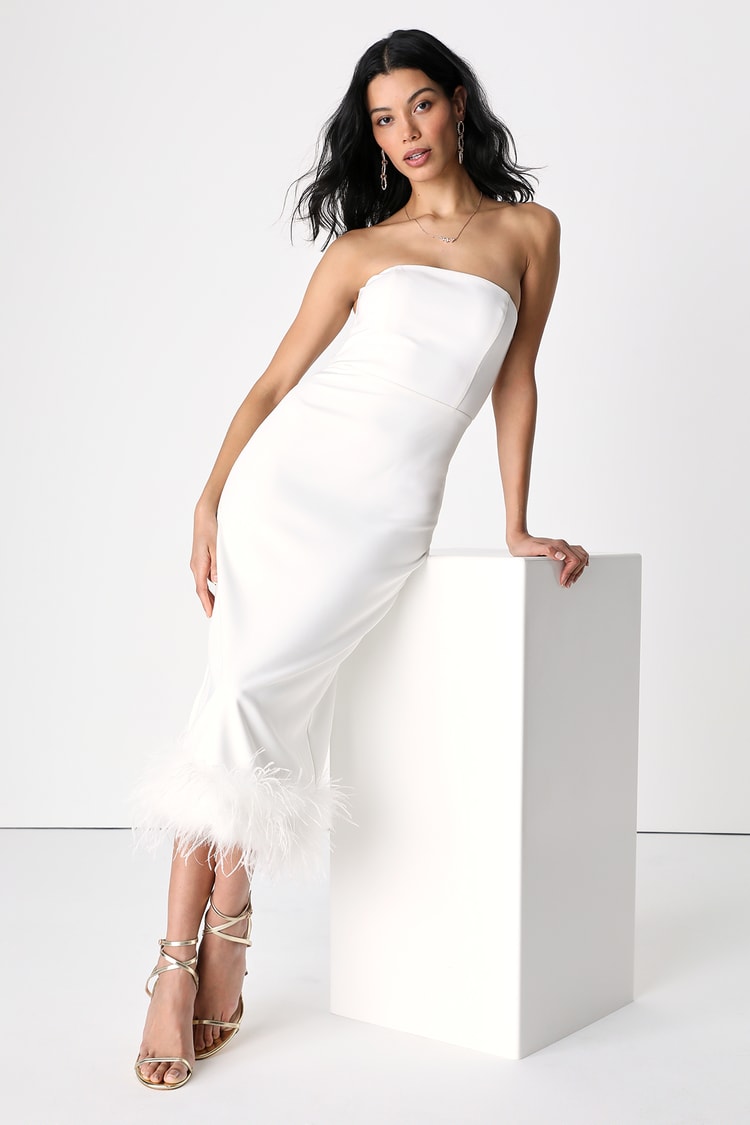 Rhaiza Mini Dress - Faux Feather Trim Strapless Dress in White