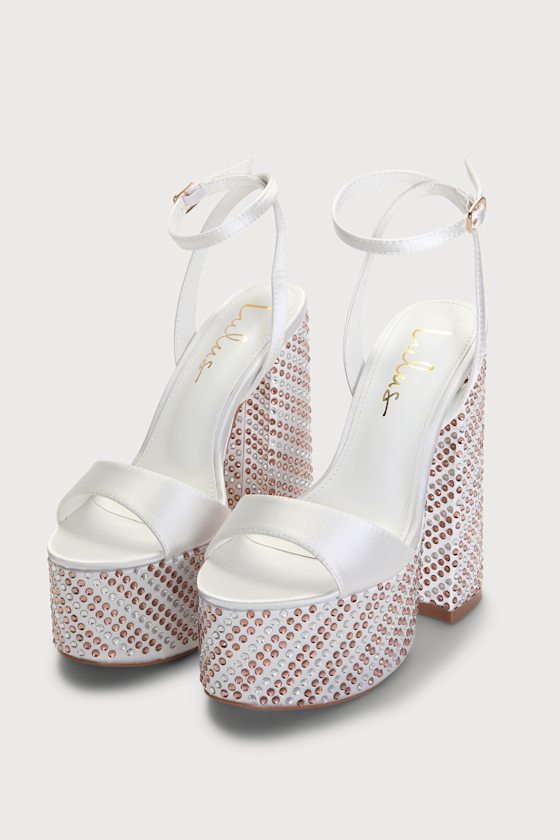 Aubreyy Ivory Satin Rhinestone Platform Ankle Strap Heels 1
