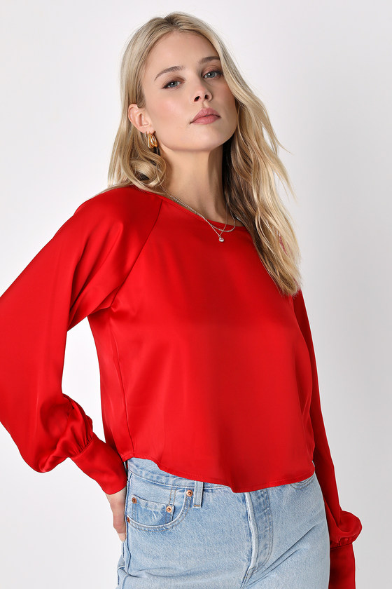 Red Satin Top - Keyhole Long Sleeve Top - Satin Blouse - Lulus