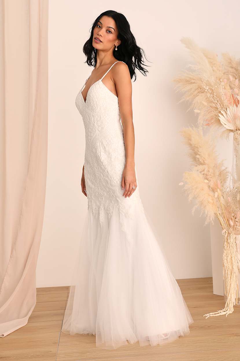 beaded illusion dress Sparkly Square Neck 3D Flowers Beaded Tulle Princess Wedding Dress US2 / White