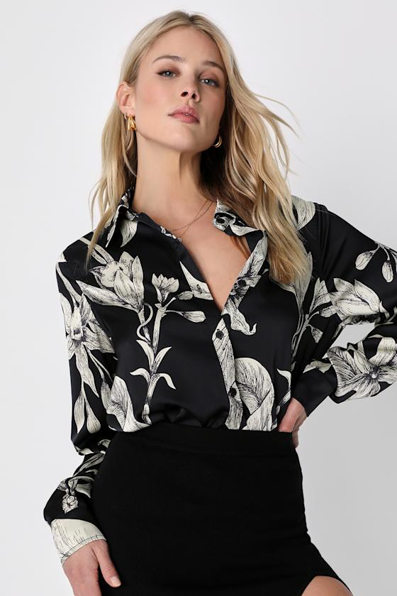 Stylish Update Black Floral Long Sleeve Button-Up Top 2