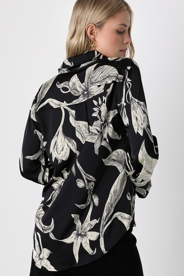 Black Floral Top - Long Sleeve Button-Up Top - Satin Floral Top