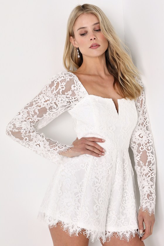 Looking Up To You Lace Long Sleeve Belted Romper (Off White)