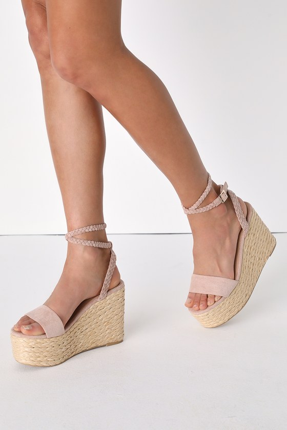 Lulus Jalen Light Nude Suede Ankle Strap Espadrille Wedges In Beige