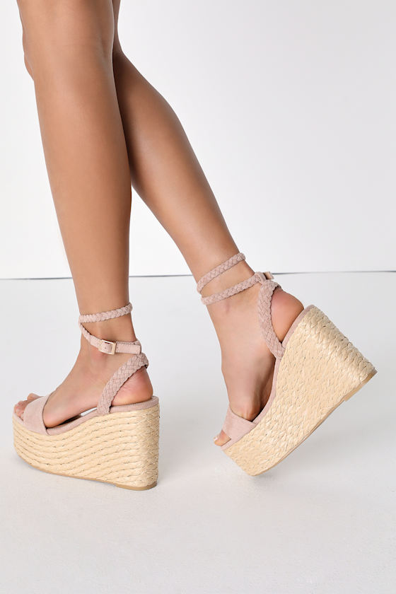 Jalen Light Nude Suede Ankle Strap Espadrille Wedges 6