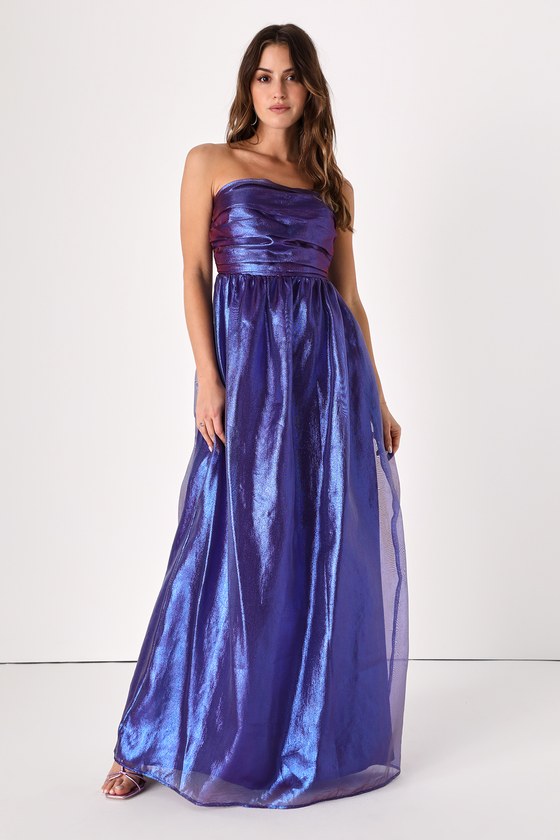 Lulus Beyond Precious Iridescent Blue Strapless Tulle Maxi Dress