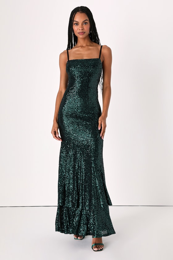 Emerald Green Sequin Dress - Maxi Mermaid Dress - Ruffled Dress - Lulus