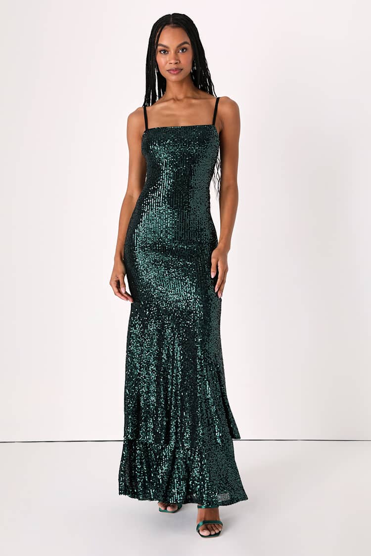Shimmering Sensation Emerald Green Sequin Ruffled Maxi Dress