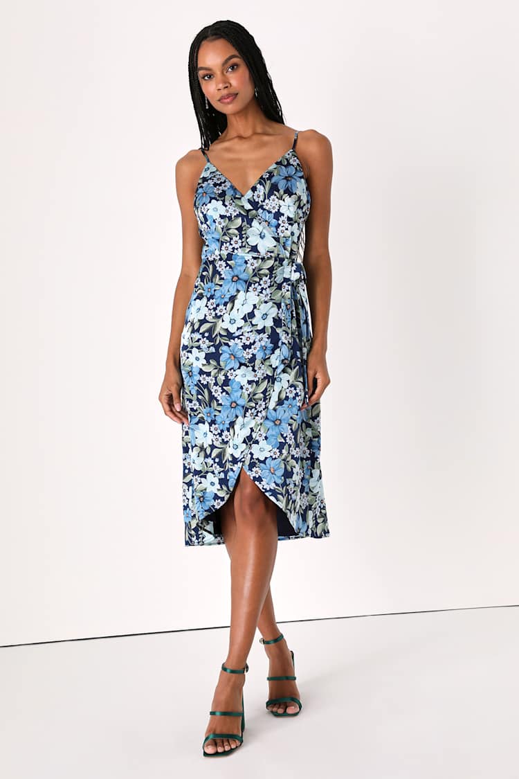 Navy Blue Midi Dress - Floral Wrap Dress - Satin Wrap Dress - Lulus