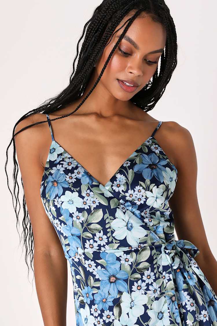 Navy Blue Midi Dress - Floral Wrap Dress - Satin Wrap Dress - Lulus