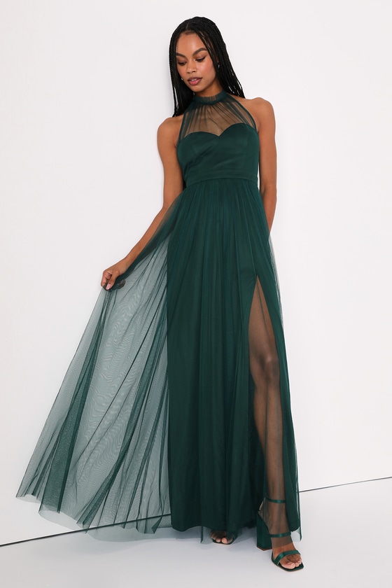 Emerald Green Maxi Dress - Tulle A-Line Gown - Tulle Halter Dress - Lulus