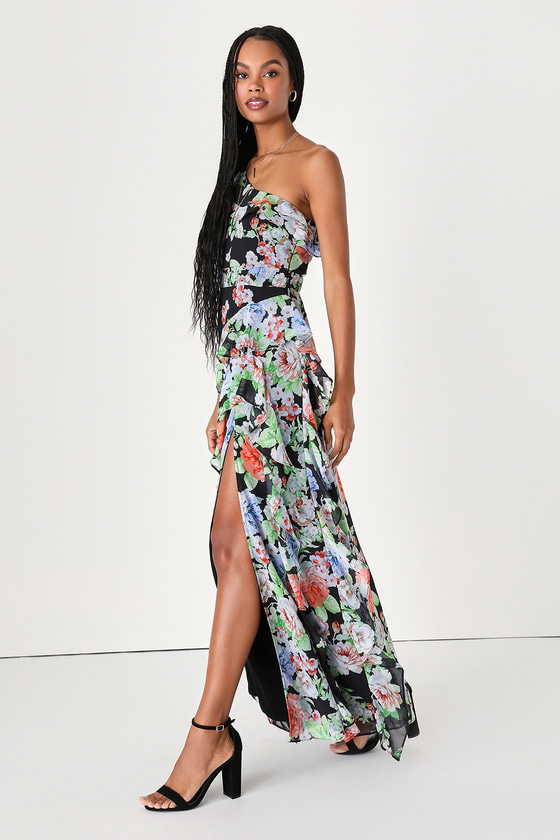 Black Floral Dress - Ruffled One-Shoulder Dress - Slit Maxi Dress - Lulus