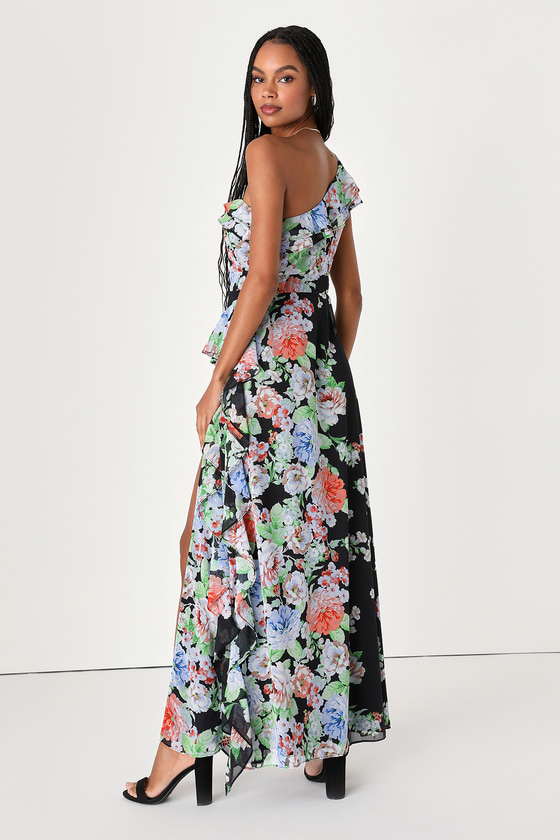 Black Floral Dress - Ruffled One-Shoulder Dress - Slit Maxi Dress - Lulus