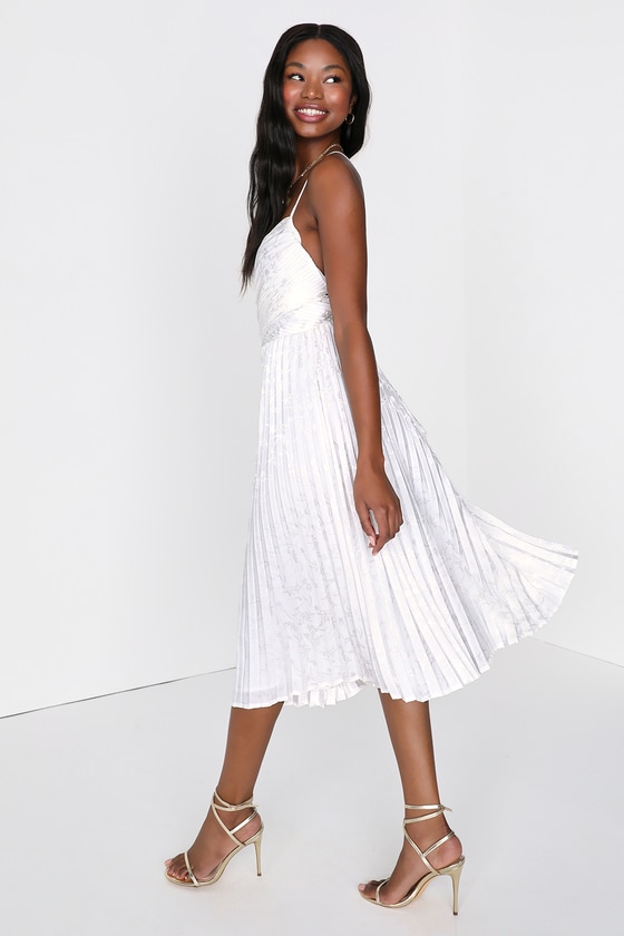 Pleating Up White Satin Jacquard Pleated Midi Dress