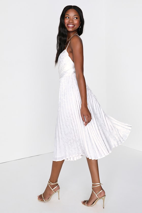 Pleating Up White Satin Jacquard Pleated Midi Dress 8