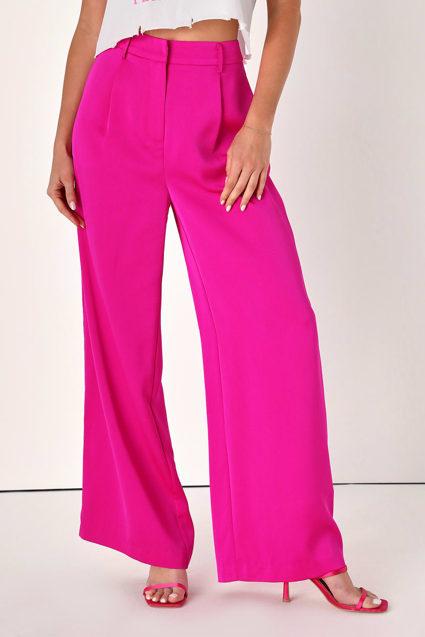 Womens Wide Leg Pants Casual Zipper Fly High Waist Pink S