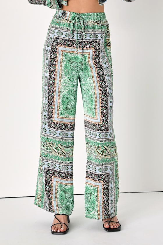 Gallivant About Town Green Print Satin Wide-Leg Pants 7