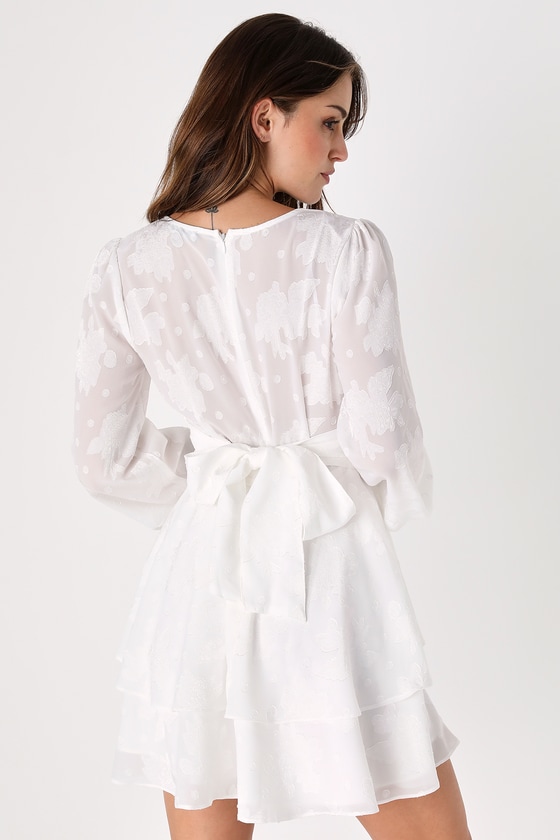 White Skater Dress - Balloon Sleeve Dress - Floral Jacquard Dress - Lulus