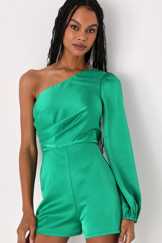 LULUS EVENING ESSENCE GREEN SATIN ONE-SHOULDER LONG SLEEVE ROMPER