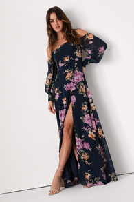 Feel the Romance Navy Blue Floral Off-the-Shoulder Maxi Dress