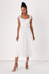 Regal Radiance White Tulle Bustier Midi Dress