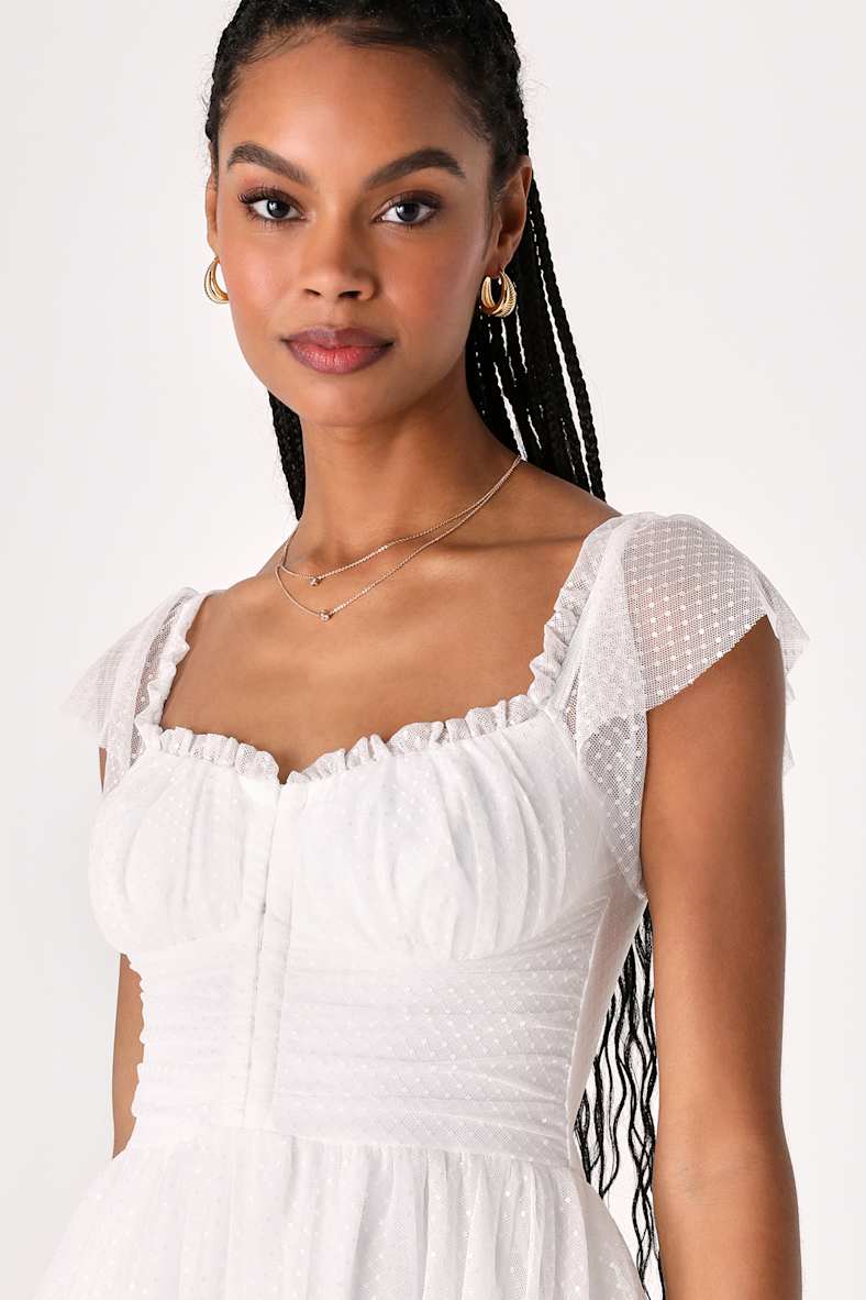 Regal Radiance White Tulle Bustier Midi Dress
