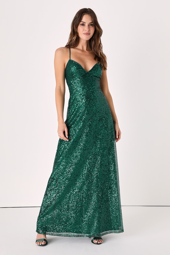 Emerald Green Sequin Dress - Lace-Up Maxi Dress - Sequin Dress - Lulus