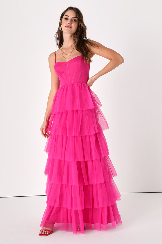 Rule the Runway Hot Pink Tulle Bustier Tiered Maxi Dress
