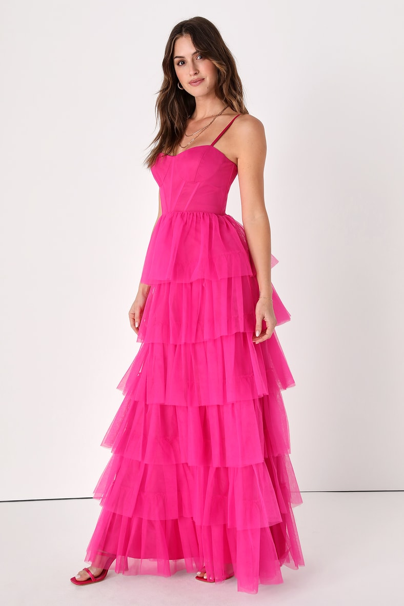 Rule the Runway Hot Pink Tulle Bustier Tiered Maxi Dress