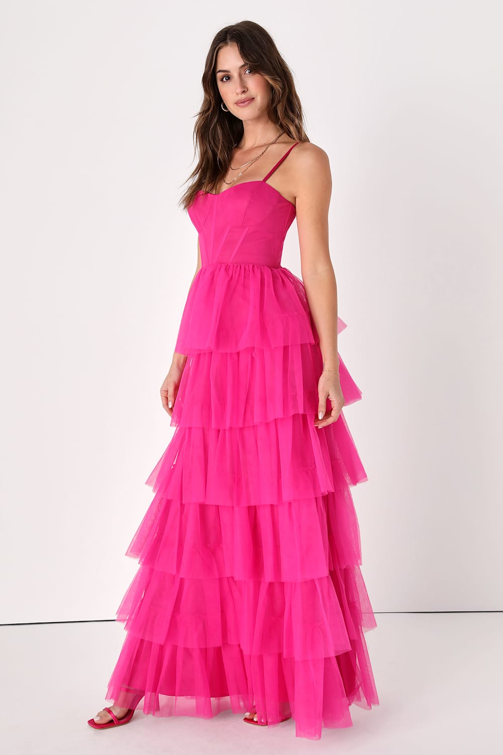 Rule the Runway Hot Pink Tulle Bustier Tiered Maxi Dress